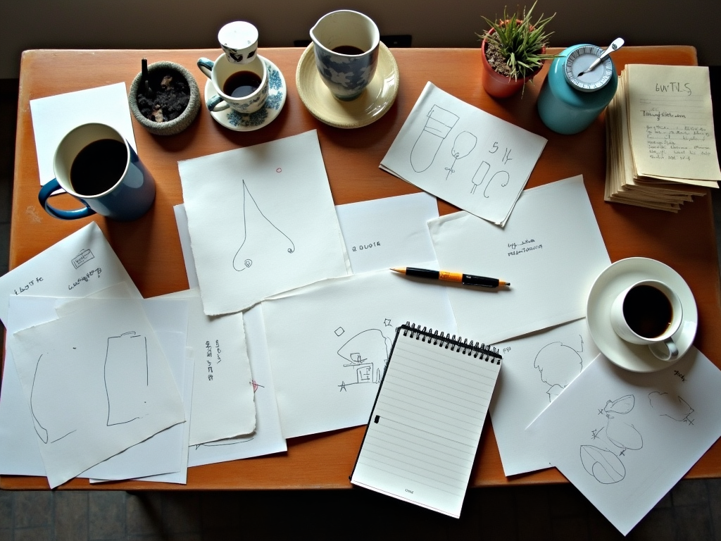 Ein überfüllter Schreibtisch mit Papieren und Tassen neben einer kleinen, aufgeräumten Ecke mit Stift und Notizbuch.