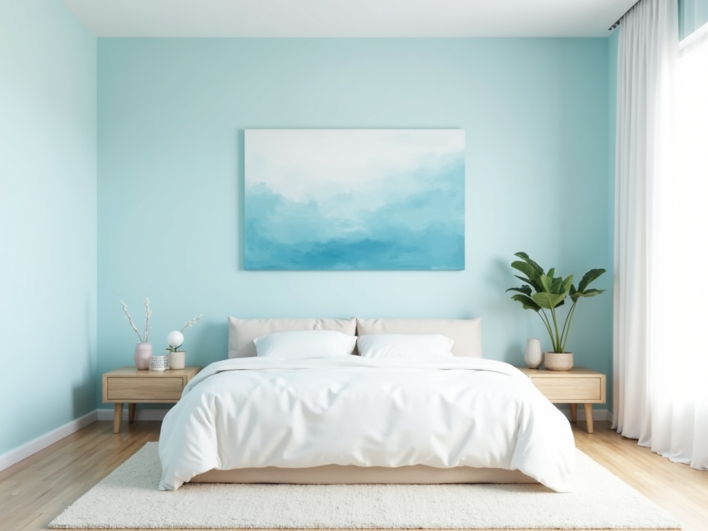 Minimalistisches Schlafzimmer mit hellblauen Wänden und schlichter Einrichtung