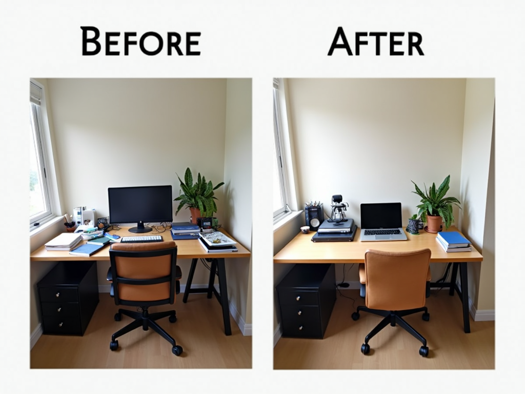 Vorher-Nachher-Bilder eines unordentlichen Schreibtisches, der in einen sauberen, minimalistischen Arbeitsplatz verwandelt wurde.