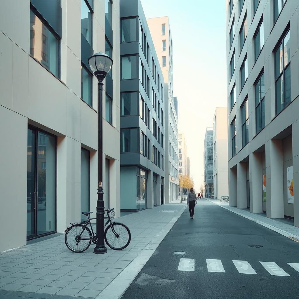 Eine minimalistische Stadtstraße mit schlichten Gebäuden, einem Fahrrad und einer Person in einfacher Kleidung.