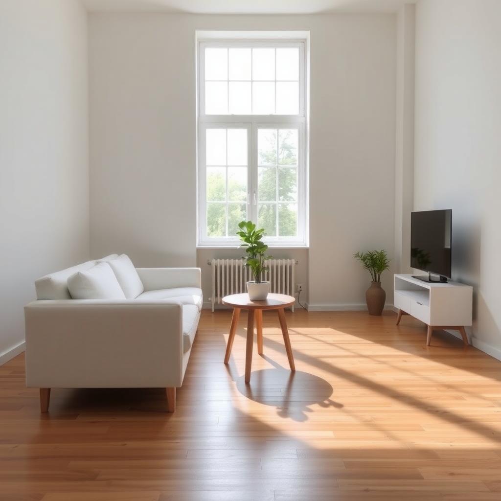 Ein minimalistisches Wohnzimmer mit hellem Holzboden, weißem Sofa und einem kleinen Tisch mit Pflanze, beleuchtet durch weiches Tageslicht.