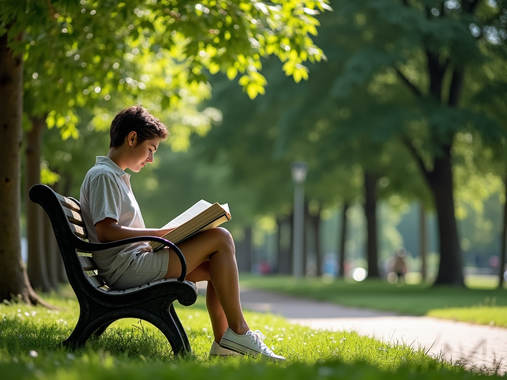 Person liest ein Buch auf einer Parkbank im grünen Park