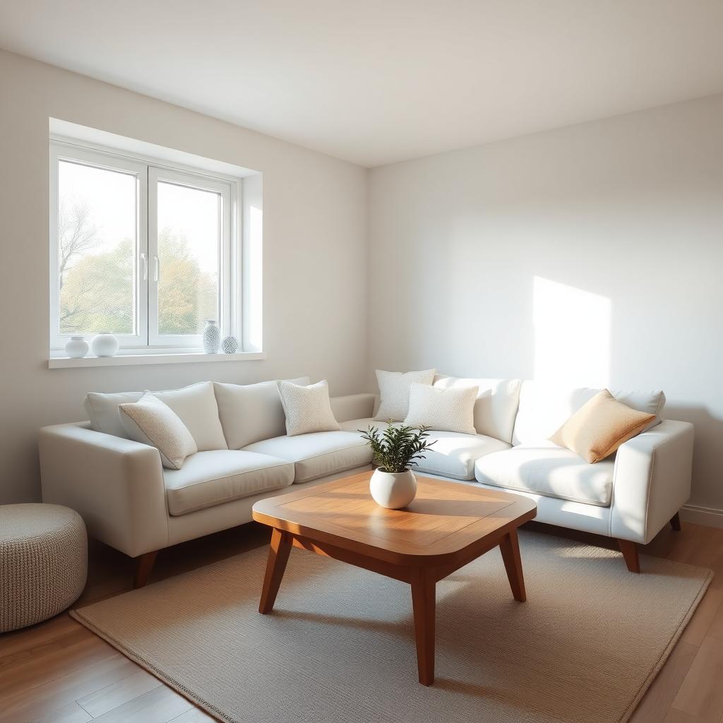 Ein minimalistisches Wohnzimmer mit weißem Sofa, einem Holztisch und einer einzelnen Topfpflanze, beleuchtet von weichem Tageslicht.