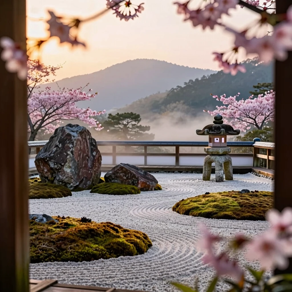 Ein friedlicher Zen-Garten mit Kies, Steinen und Kirschblüten
