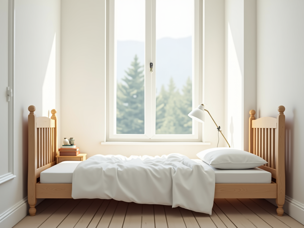Ein minimalistisches Schlafzimmer mit einem schlichten Bett und wenig Dekoration.