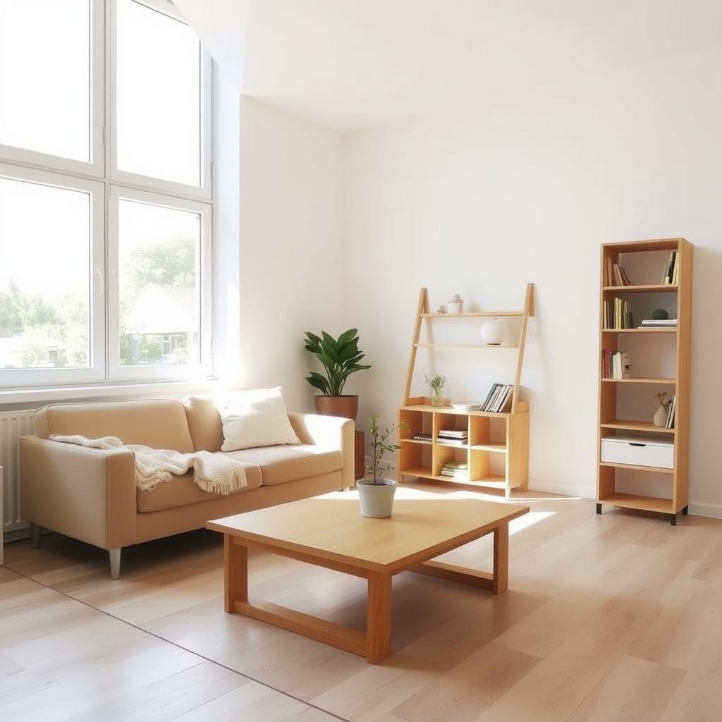 Ein aufgeräumtes Wohnzimmer mit minimalistischem Design, hellen Holzböden, einem gemütlichen Sofa und wenigen, sorgfältig ausgewählten Deko-Elementen.