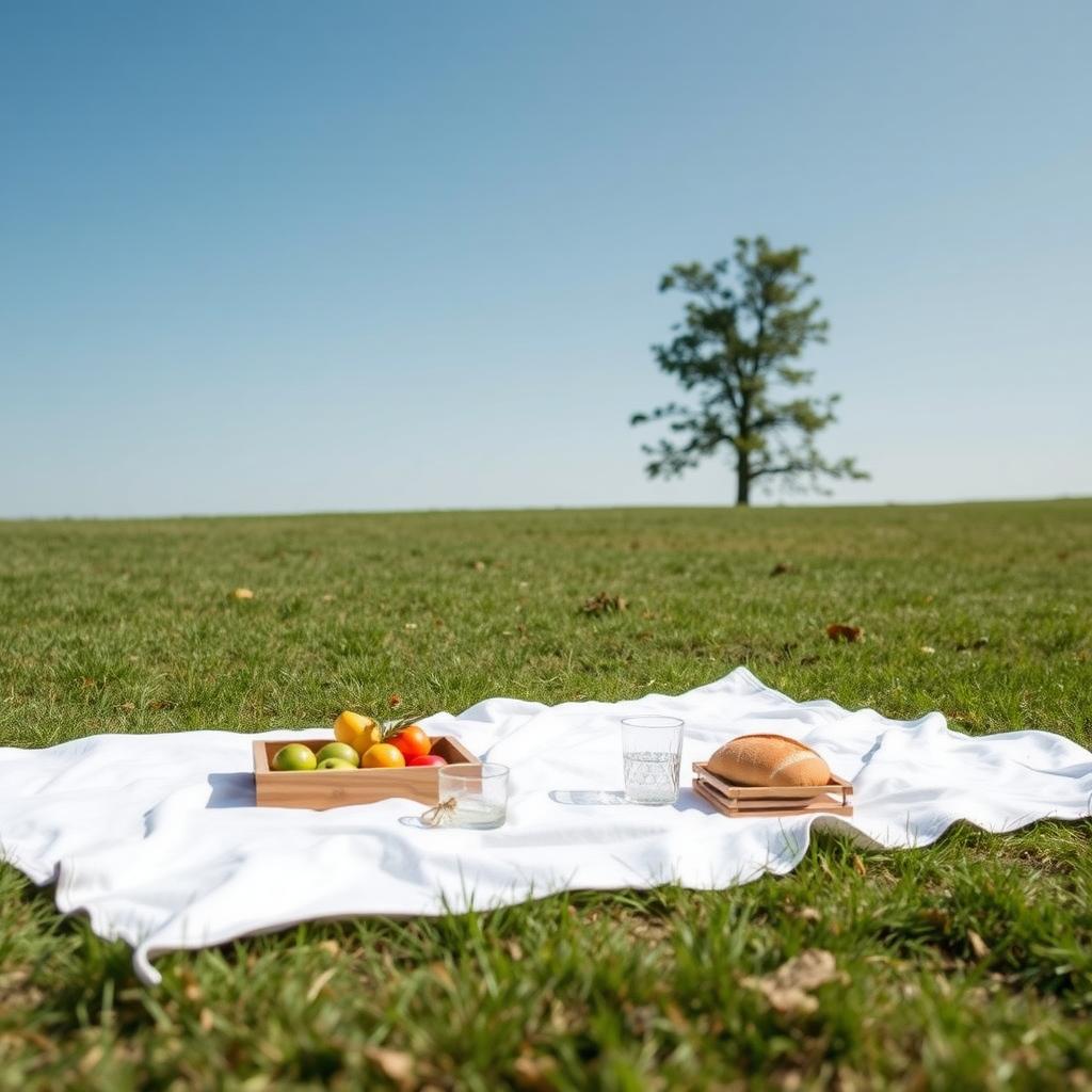 Ein minimalistisches Picknick auf einer Wiese mit einer weißen Decke, einem Holztablett mit Obst, Brot und einem Glas Wasser vor einem einzelnen Baum.