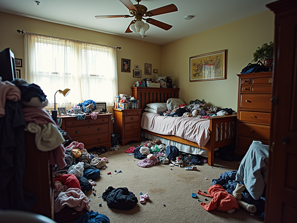Ein unaufgeräumtes Schlafzimmer mit Kleidung auf dem Boden und vielen Möbelstücken in einem bunten Durcheinander.