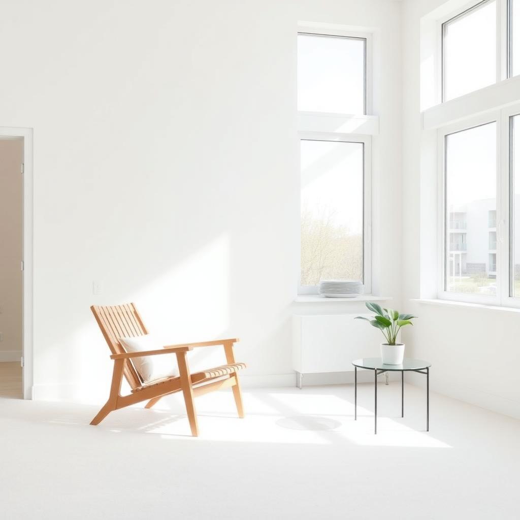 Ein minimalistischer Wohnraum mit weißen Wänden, einem Holzstuhl, einem kleinen Glastisch und einer einzelnen Pflanze.