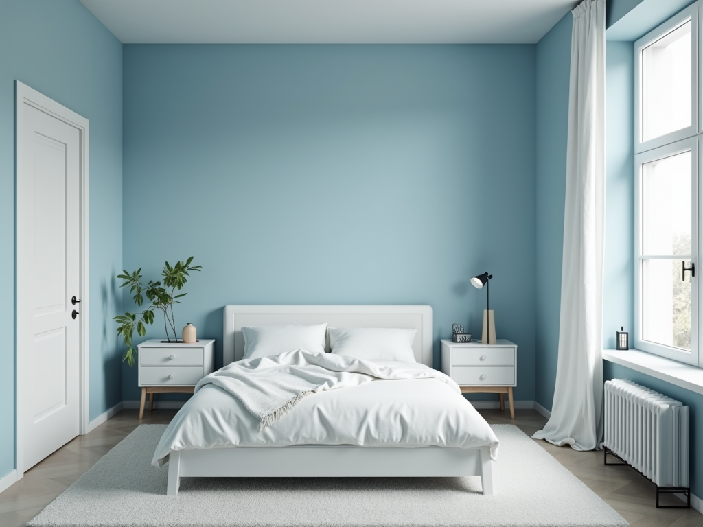 Minimalistisches Schlafzimmer mit sanften blauen Wänden und weißen Möbeln