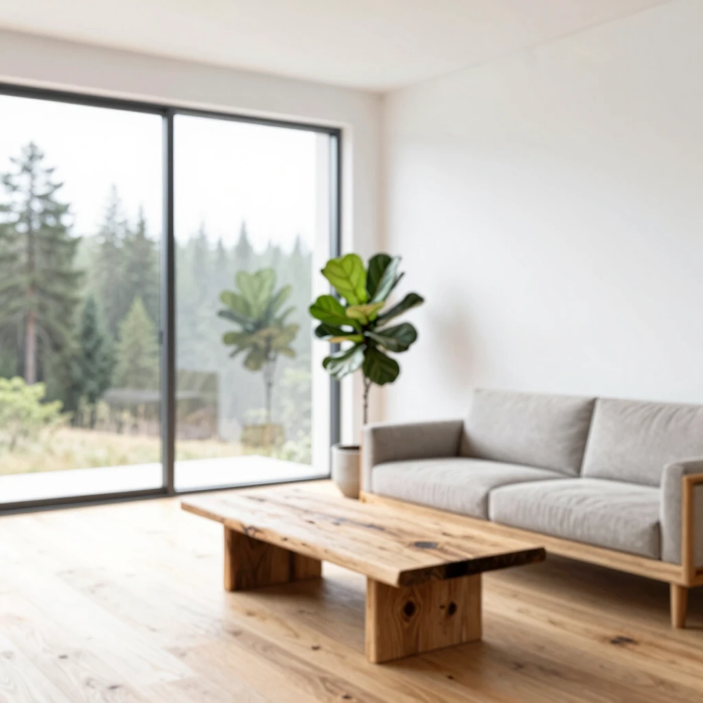 Minimalistisches Wohnzimmer mit nachhaltigen Materialien und natürlichem Licht
