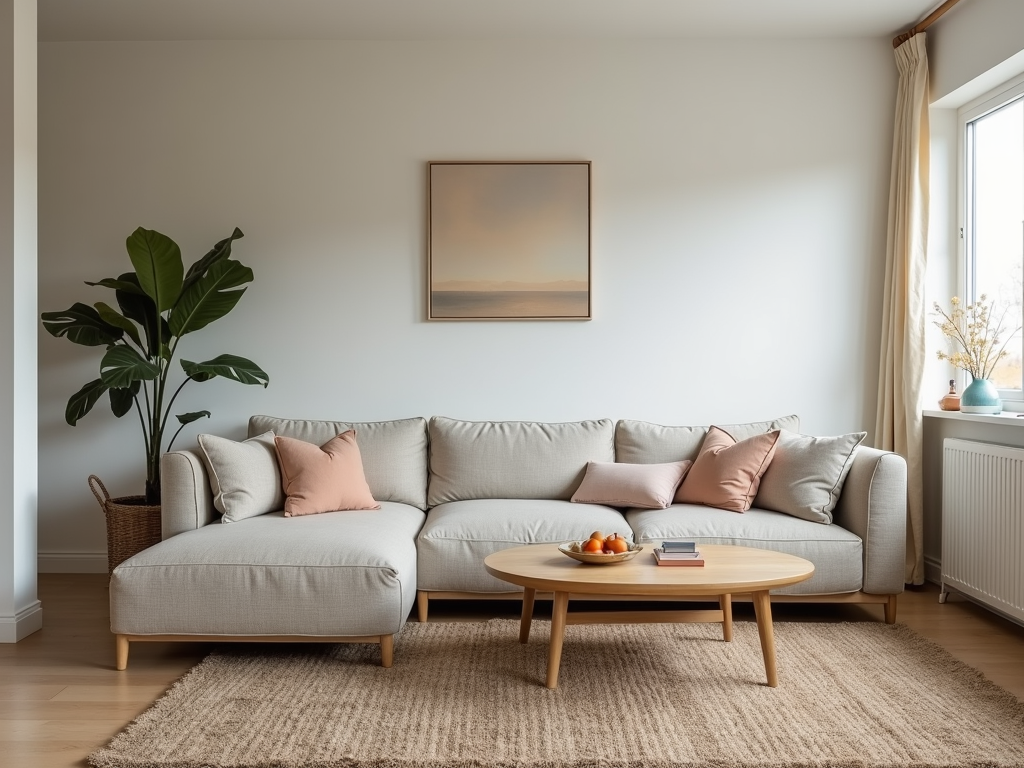 Minimalistisches Wohnzimmer mit Sofa, Holztisch und einem Kunstwerk