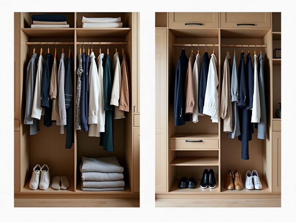 Vorher-Nachher-Foto einer Garderoben-Transformation zum Minimalismus