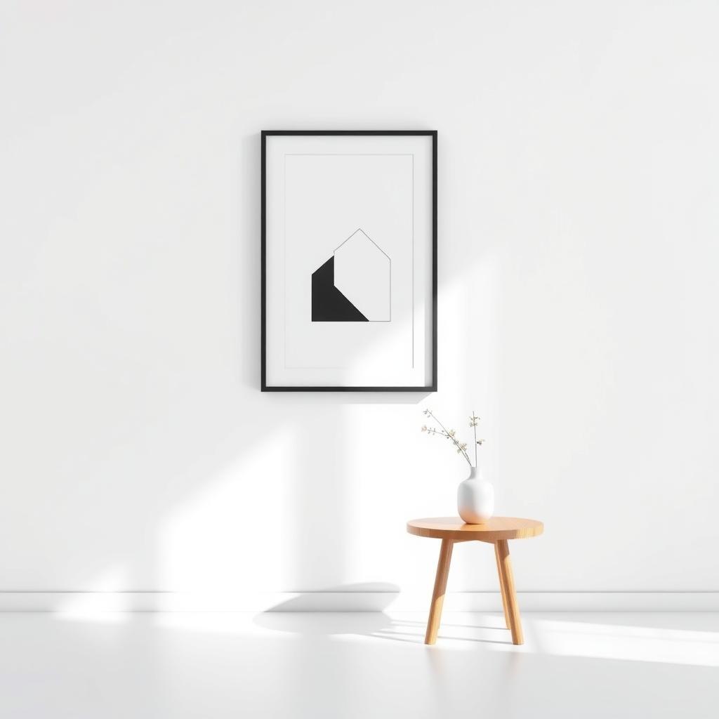 Minimalistisches Interieur mit einem geometrischen Kunstwerk und einer einfachen Vase