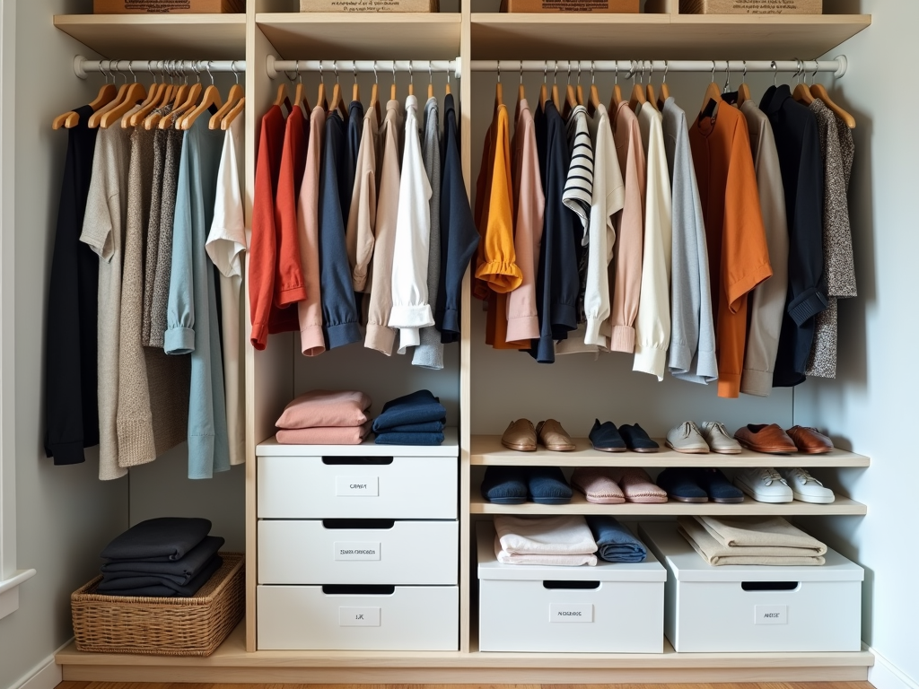 Ein ordentlich organisierter minimalistischer Kleiderschrank.