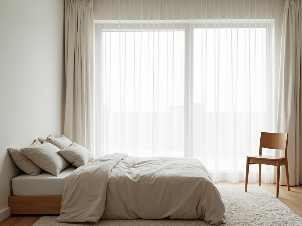 Eine minimalistische Schlafzimmerecke mit einem ordentlich gemachten Bett und einem einfachen Holzstuhl.