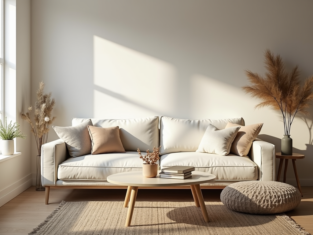 Ein gemütliches, minimalistisches Wohnzimmer mit sorgfältig ausgewählten Gegenständen und weichem natürlichem Licht.