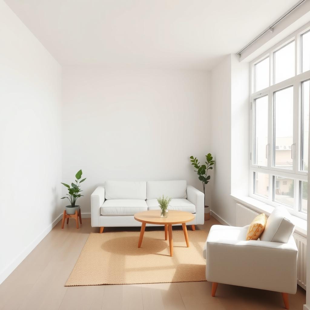 Ein minimalistisches Wohnzimmer mit weißem Sofa, kleinem Holztisch und einer Topfpflanze, hell erleuchtet durch ein großes Fenster.