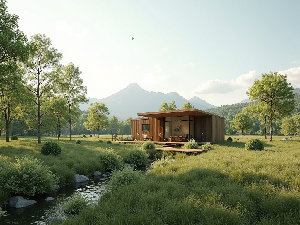 Ein kleines, umweltfreundliches Haus inmitten der Natur, das die Harmonie zwischen Minimalismus und Umwelt symbolisiert.