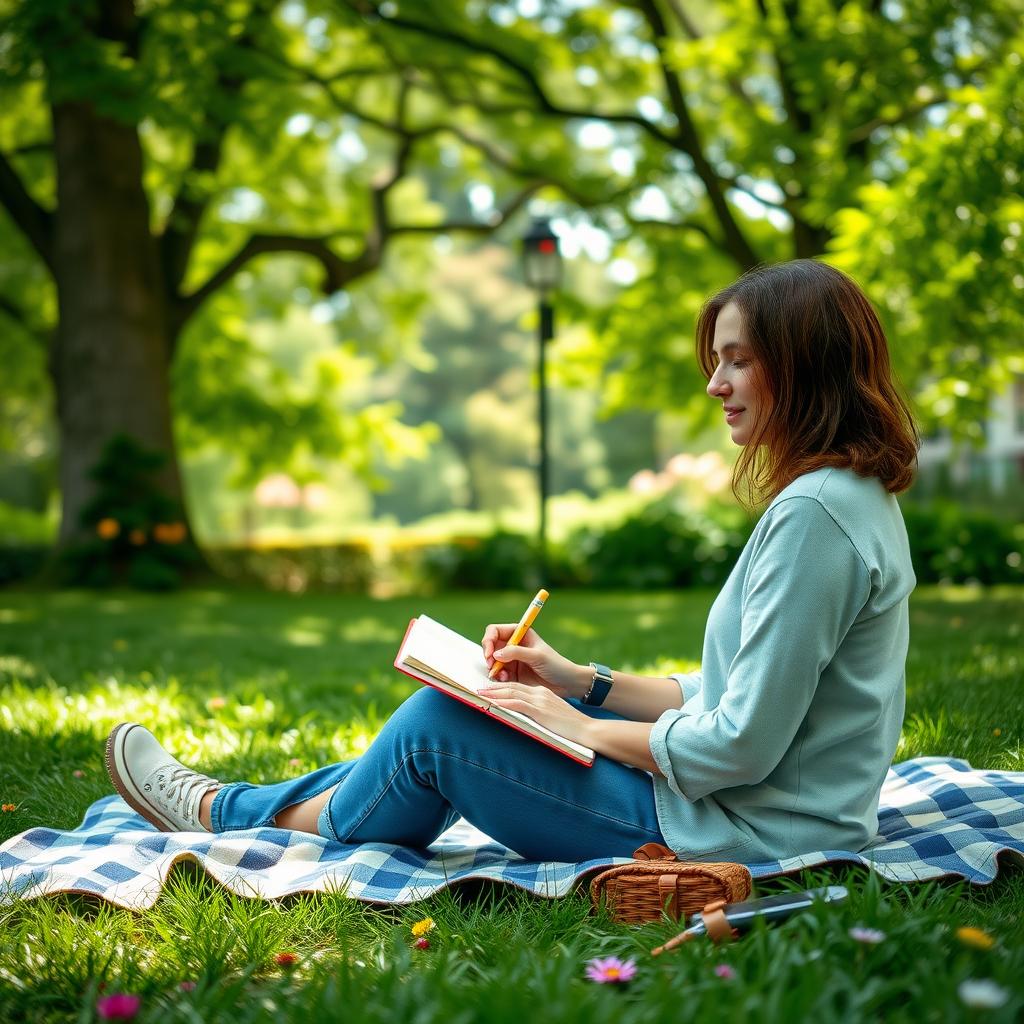 Person schreibt in einem Notizbuch in einem ruhigen Park, ohne digitale Geräte.
