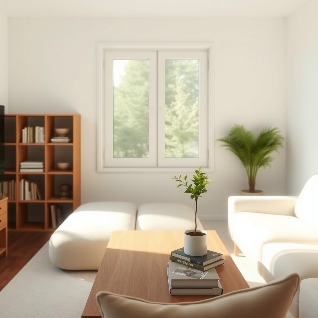 Ein minimalistisches Wohnzimmer mit natürlichem Licht, einer Pflanze auf einem Holztisch und wenigen, ordentlich gestapelten Büchern.