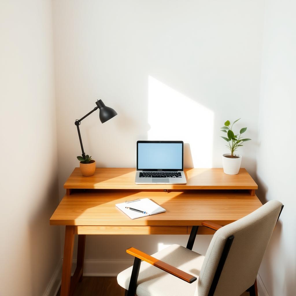 Ein ruhiger Homeoffice-Bereich mit einem minimalistischen Holztisch, einem Laptop, einer kleinen Topfpflanze und einem bequemen Stuhl. Der Tisch ist aufgeräumt, mit nur einem Notizbuch und einem Stift.