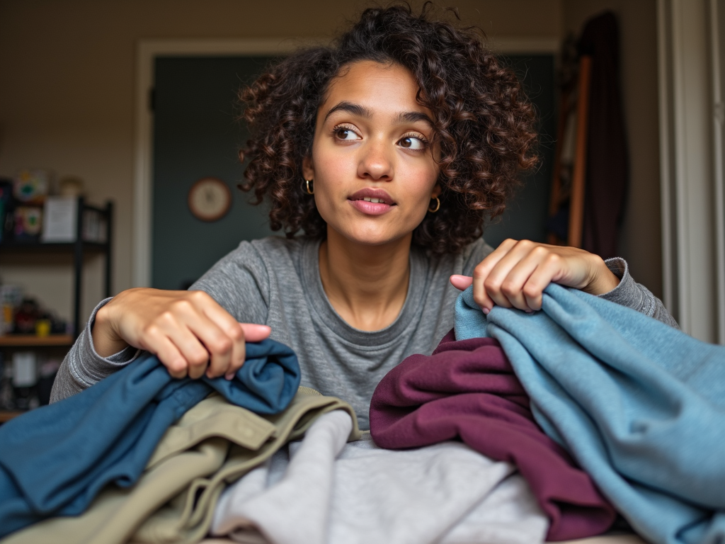 Eine Person, die einen Stapel Kleidung durchsortiert und entscheidet, was sie behalten und was sie spenden möchte, mit einem entschlossenen Gesichtsausdruck.