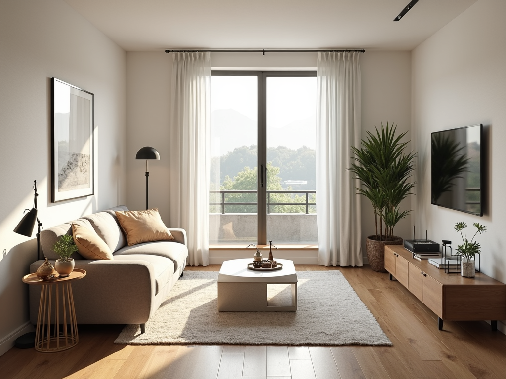 Ein aufgeräumtes Wohnzimmer mit minimalistischem Dekor