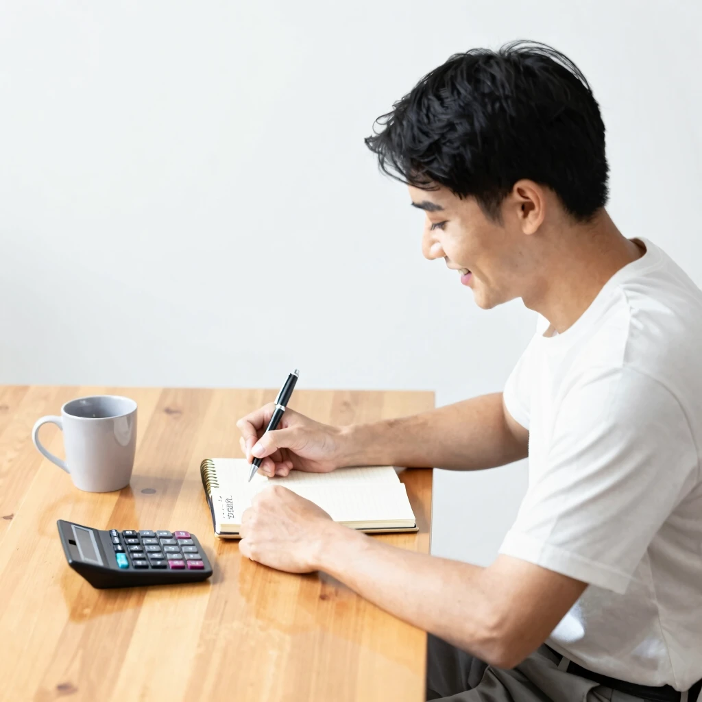Person plant Finanzen minimalistisch am Schreibtisch