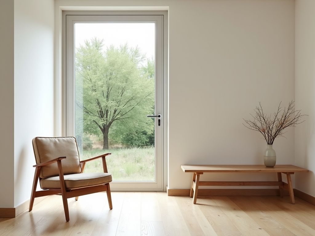 Minimalistischer Wohnraum mit Stuhl und Tisch