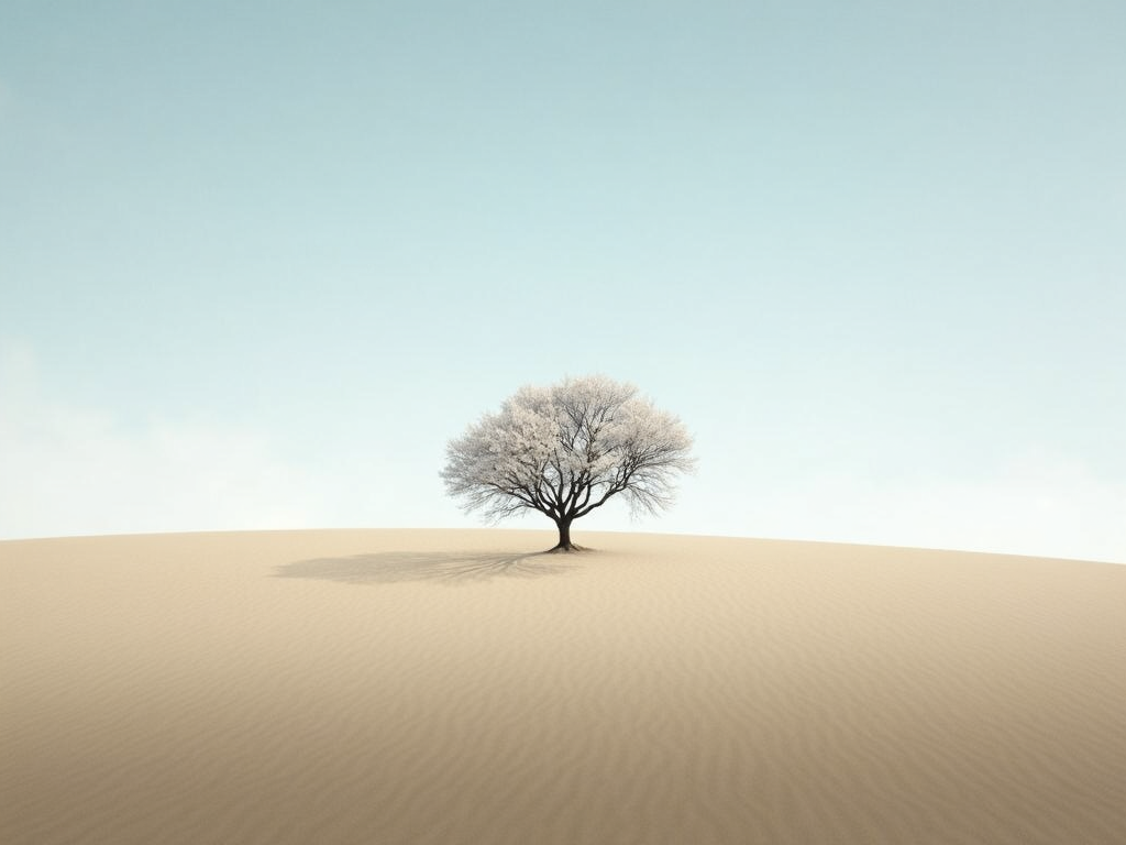 Ein einsamer Baum in einer weiten, leeren Landschaft, der die Schönheit der Einsamkeit einfängt.