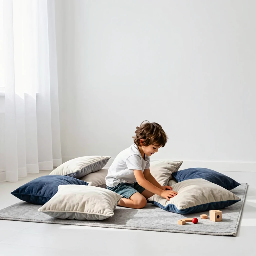 Kind beim kreativen Spielen in einem minimalistischen Zimmer mit Kissenburg