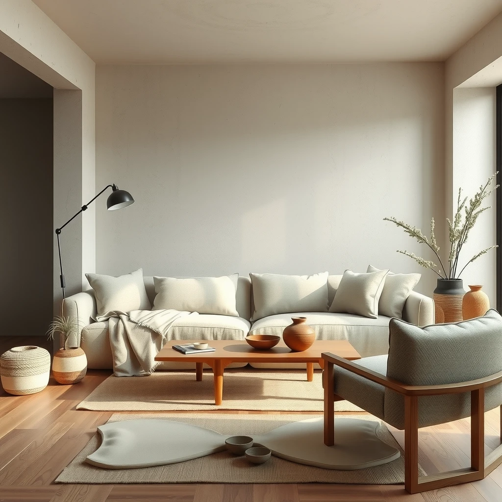 Zeitgenössisches Wohnzimmer im Wabi-Sabi-Stil mit natürlichen Materialien, neutralen Tönen und bewussten Unvollkommenheiten