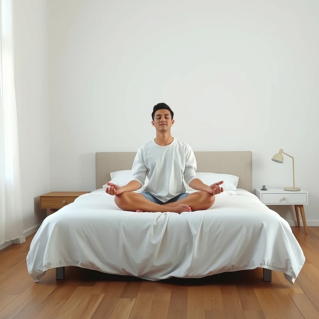 Person meditiert in einem minimalistischen Schlafzimmer