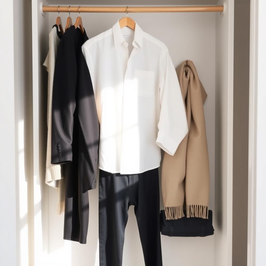 Ein aufgeräumter minimalistischer Kleiderschrank mit hochwertigen Kleidungsstücken wie einem weißen Leinenhemd, einem schwarzen Blazer, dunklen Jeans und einem neutralen Schal, auf Holzbügeln in einem hellen Schrank mit natürlichem Licht.