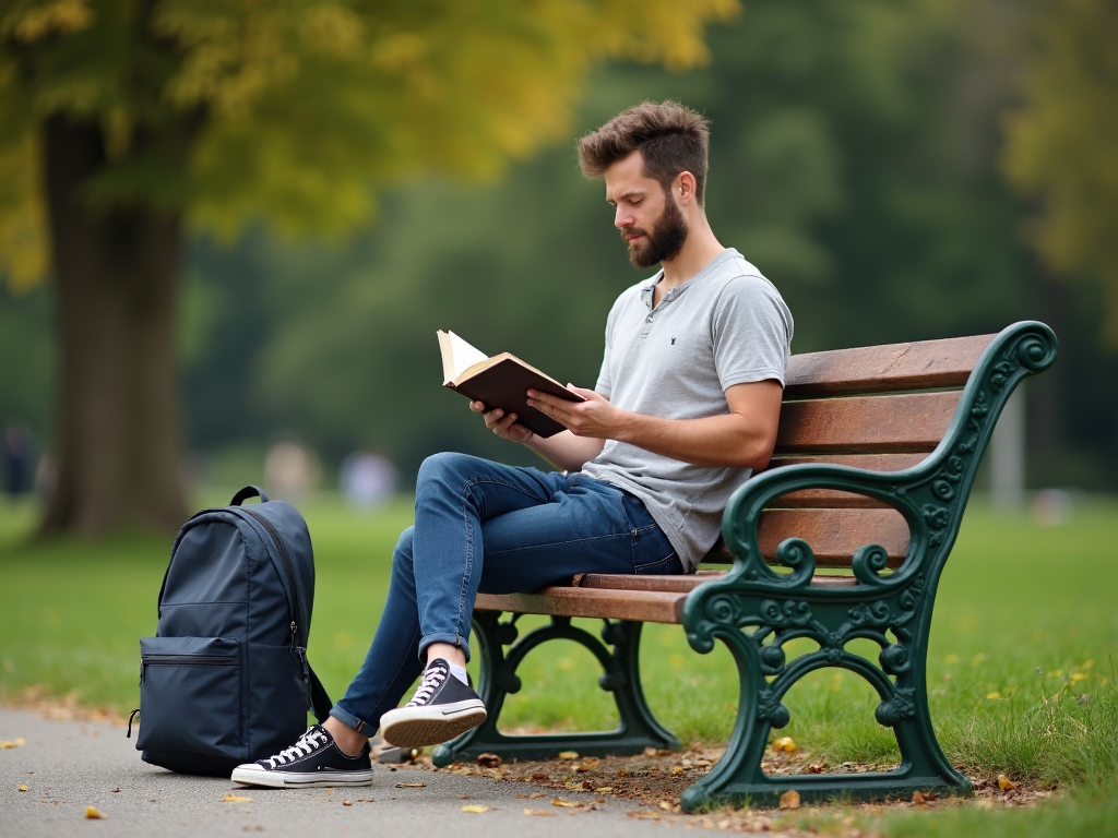 Eine Person sitzt auf einer Parkbank, liest ein Buch und hat einen einfachen Rucksack neben sich.