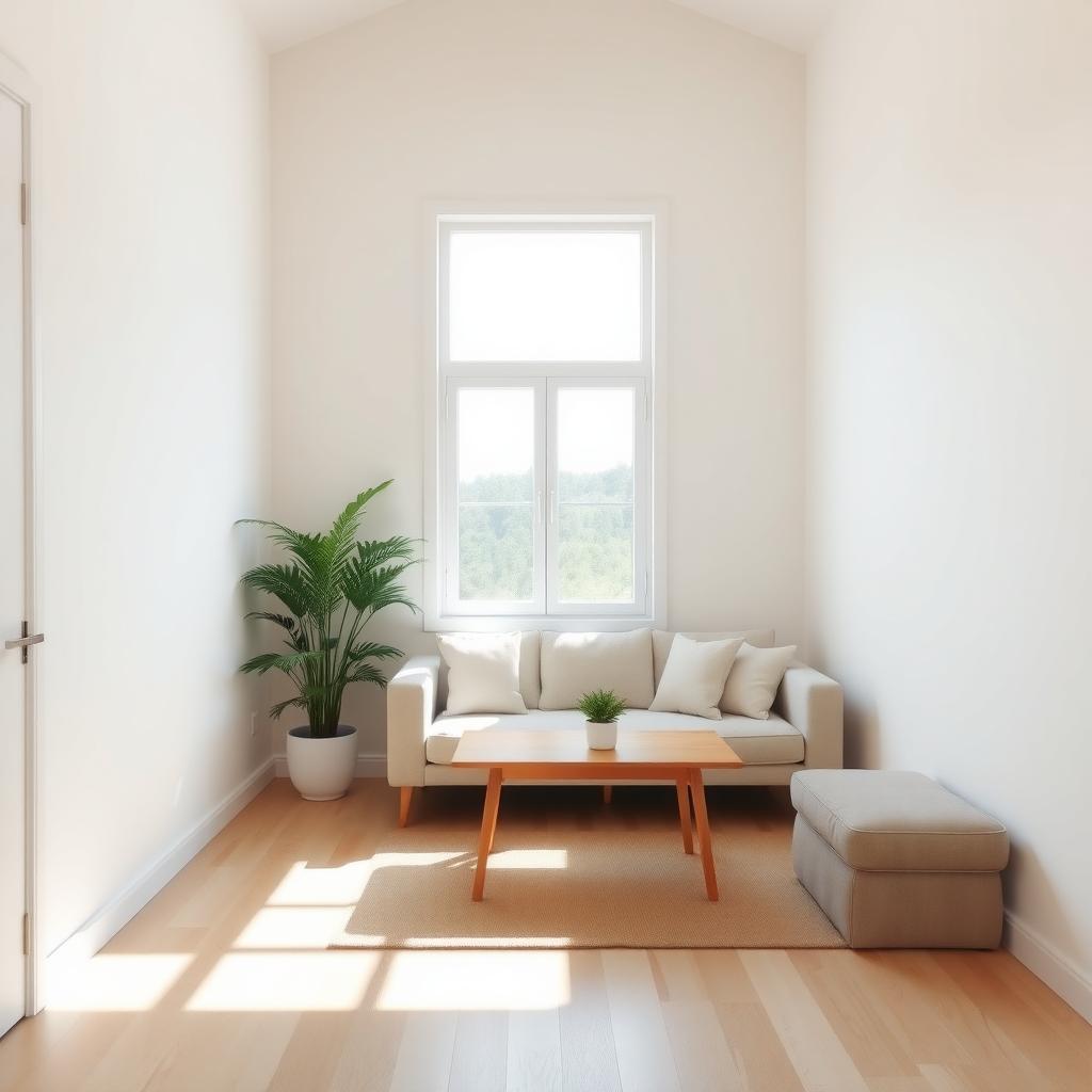 Ein minimalistisch eingerichtetes Wohnzimmer mit einem gemütlichen Sofa, einem kleinen Holztisch und einer einzelnen Topfpflanze in der Ecke, hell erleuchtet durch natürliches Licht.