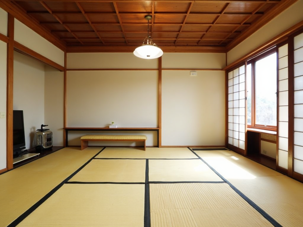 Ein traditionelles japanisches Zimmer mit Tatami-Matten und minimaler Dekoration.