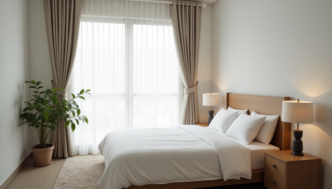 Ein aufgeräumtes Schlafzimmer mit einem schlichten Bett, einem Nachttisch mit Lampe und einem großen Fenster mit leichten Vorhängen. Das Bett ist mit frischer weißer Bettwäsche bezogen.