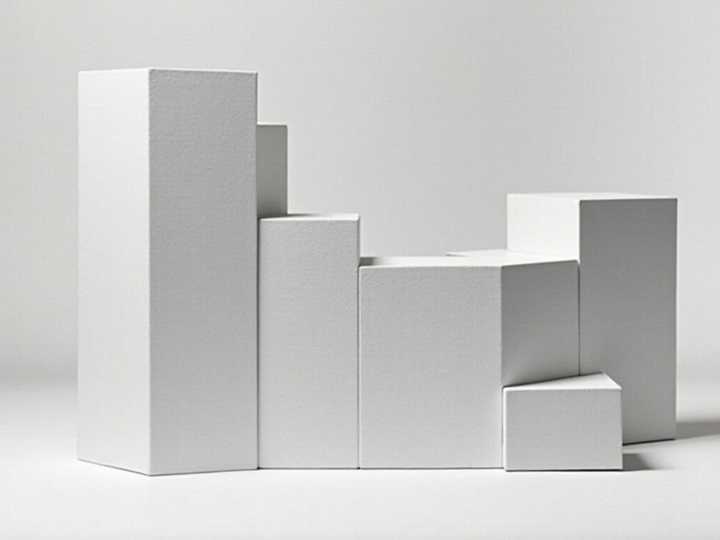 Schwarz-Weiß-Foto einer minimalistischen Skulptur von Donald Judd mit einfachen geometrischen Formen vor einem schlichten Hintergrund.