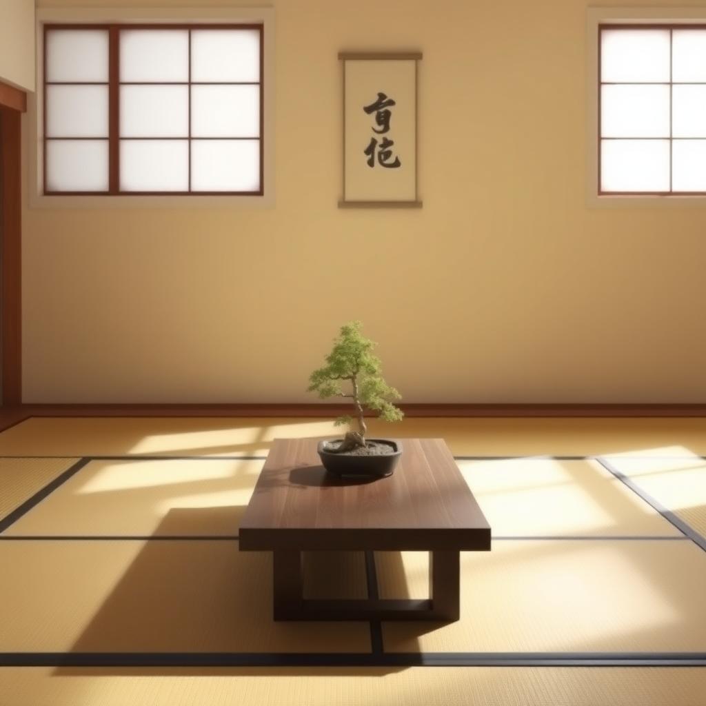 Ein minimalistisches japanisches Wohnzimmer mit Tatami-Matten, einem niedrigen Holztisch und einem Bonsai-Baum.