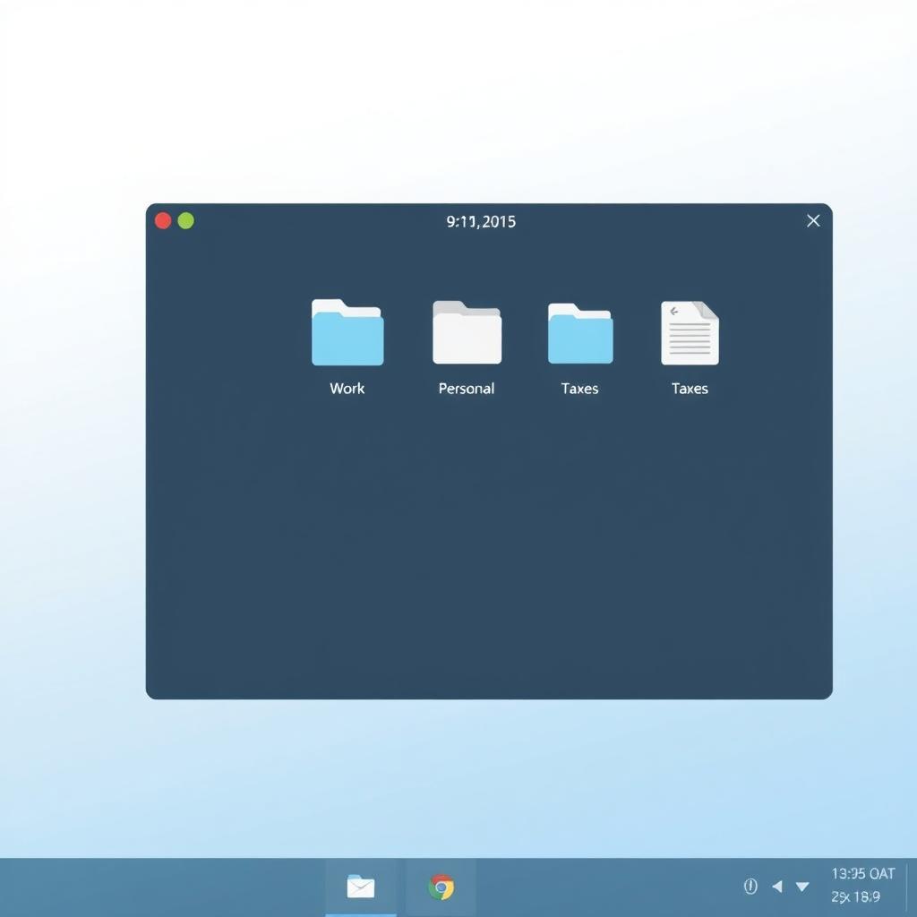 Ein aufgeräumter digitaler Desktop mit klar beschrifteten Ordnern wie 'Arbeit', 'Persönlich' und 'Steuern' auf einem beruhigenden blau-weißen Hintergrund.
