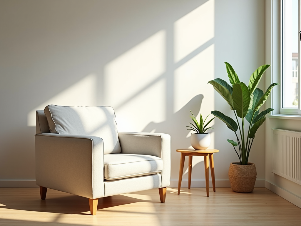 Ein helles Wohnzimmer mit minimaler Einrichtung und viel Tageslicht.