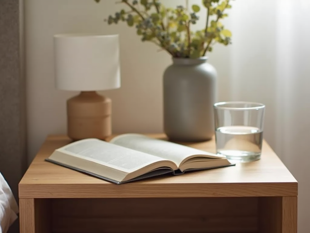 Ein minimalistischer Nachttisch mit einem Buch, einer kleinen Lampe und einem Glas Wasser.
