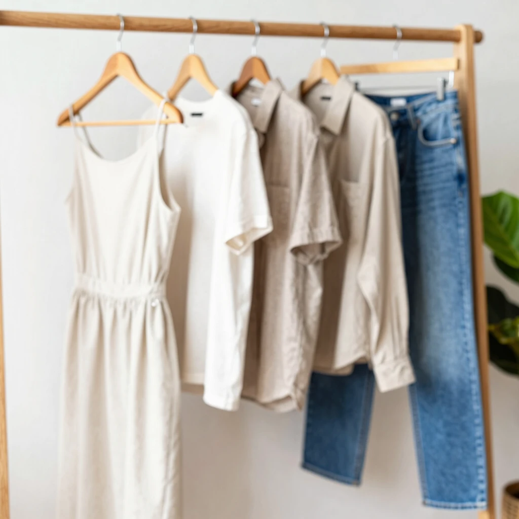 Auswahl an nachhaltiger Kleidung in einem minimalistischen Kleiderschrank