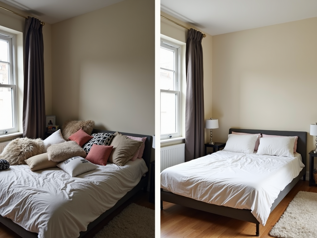 Unordentliches vs. minimalistisches Schlafzimmer