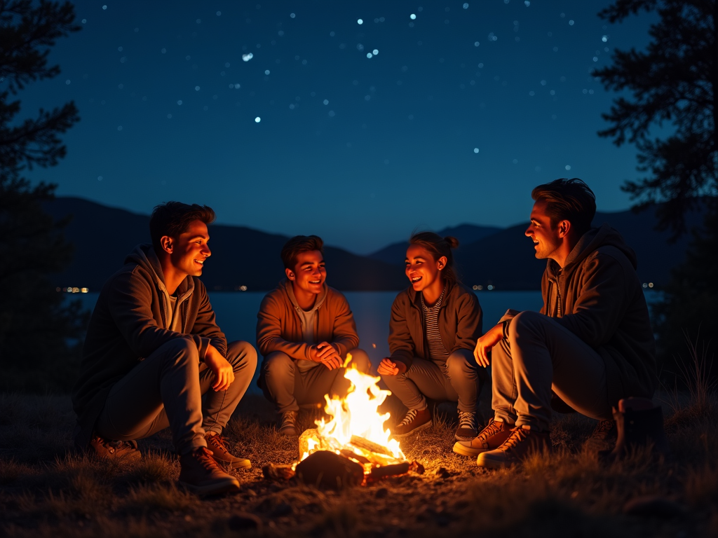 Eine Gruppe von Freunden sitzt um ein Lagerfeuer, unterhält sich und lacht unter dem Sternenhimmel.