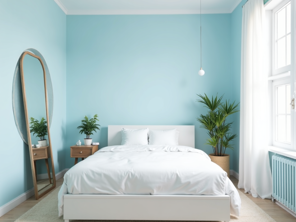 Ein kleines Schlafzimmer mit hellblauen Wänden, einem weißen Bettgestell und minimalistischem Dekor, das durch einen großen Spiegel und natürliches Licht geräumig wirkt.