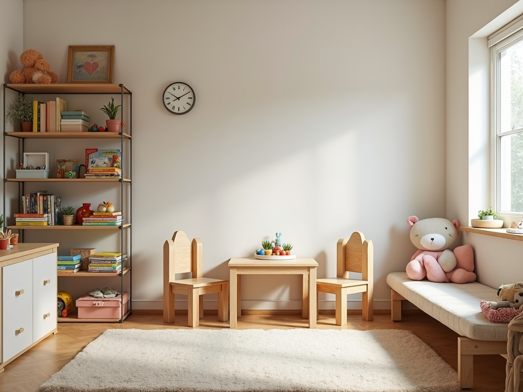 Ein ordentliches Kinderzimmer mit organisiertem Spielzeug und Büchern auf Regalen, einem kleinen Tisch mit Stühlen und einer gemütlichen Leseecke mit Kissen und einer Lampe.