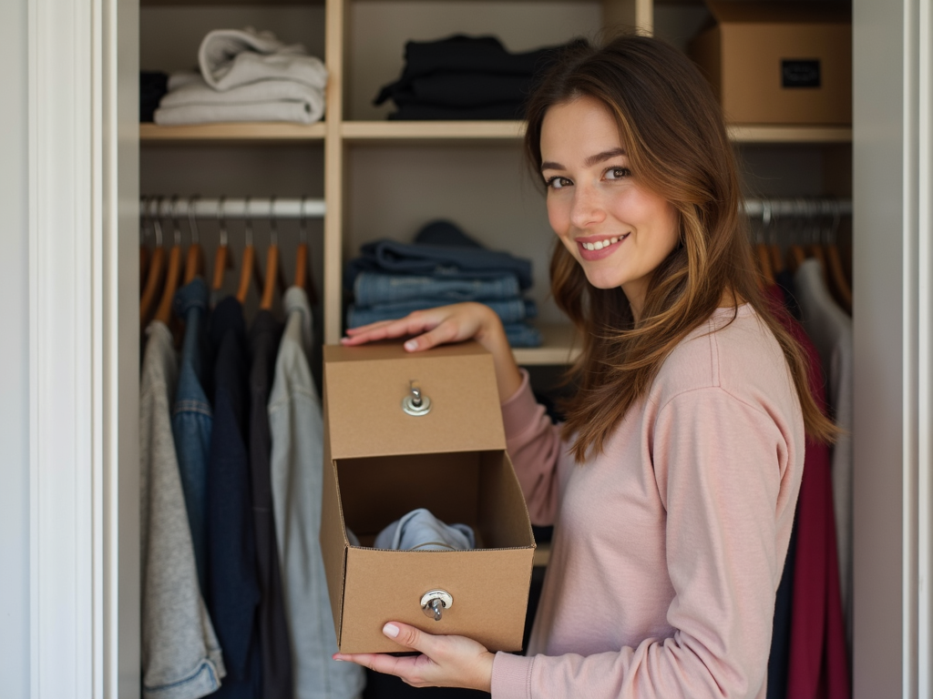 Eine Person, die die Drei-Kisten-Methode anwendet, um einen Schrank zu entrümpeln.